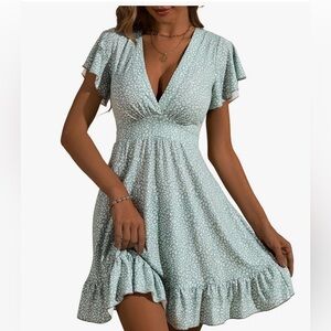 Torary Sage Green Floral V-Neck Dress – Flutter Sleeve Summer Dress – M